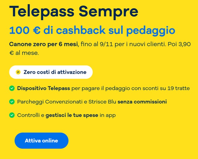 telepass sempre offerta halloween 100 euro cashback pedaggio